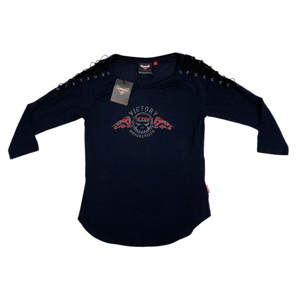 Victory Motorcycles Lace Up Skull Roses Bling Shirt XS Stretchy Biker - Picture 1 of 13